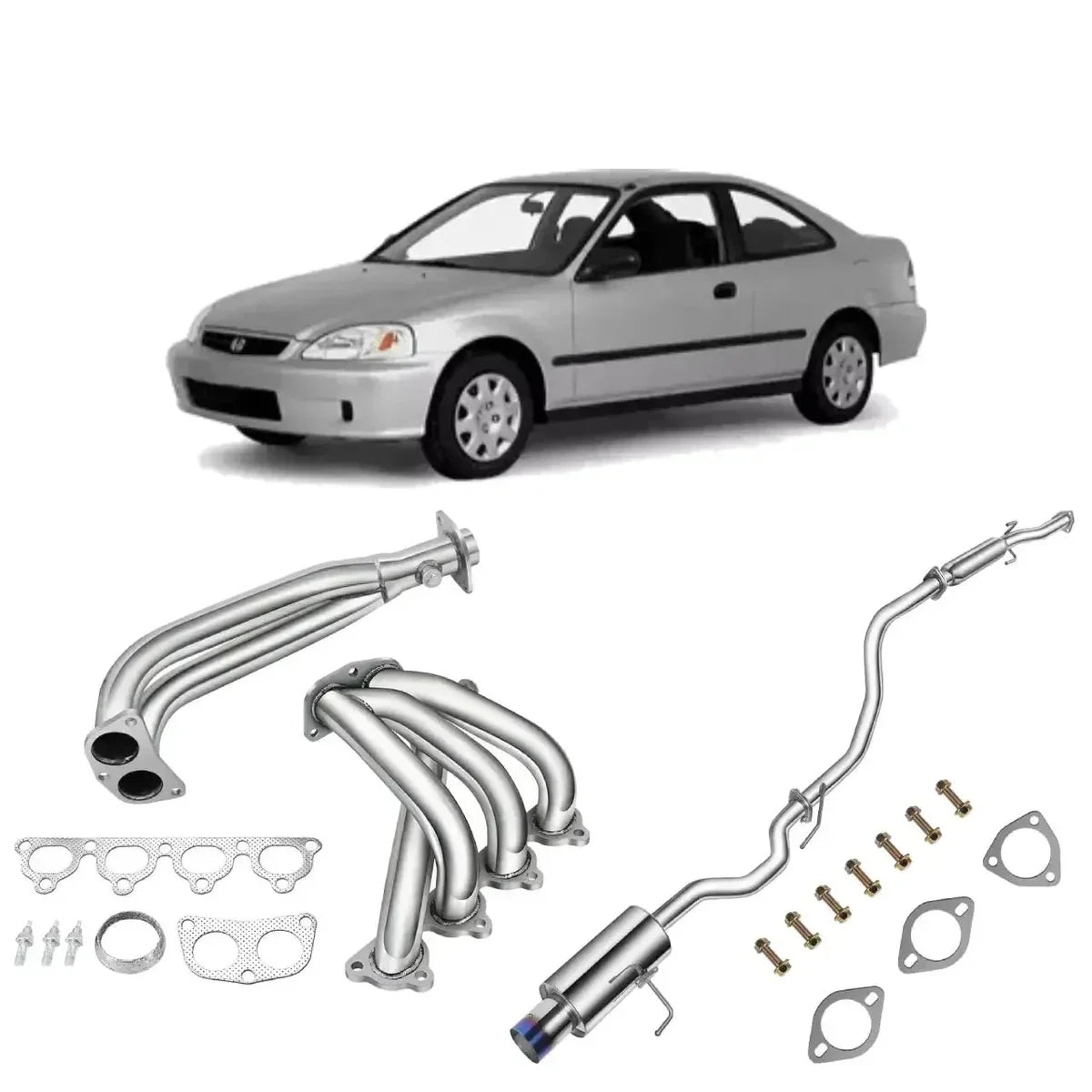 2.25" Catback Exhaust System For 1992-2000 Honda Civic 1.6L with 4" Burnt Rolled Muffler Tip Flashark