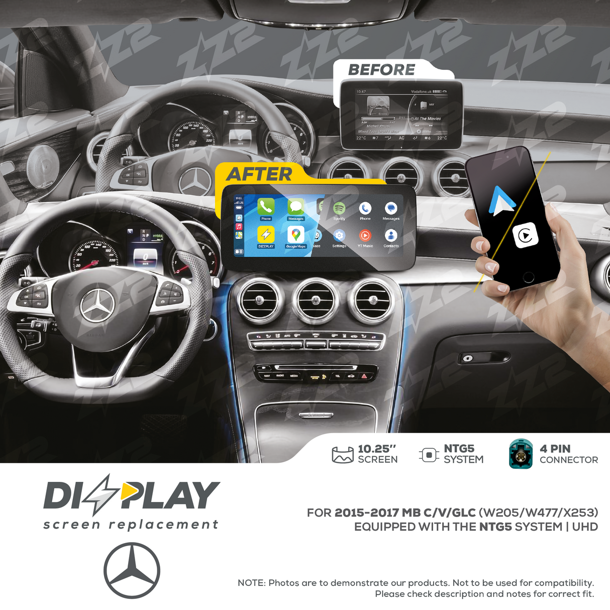 10.25" DIZZPLAY for MB C/V/GLC (W205/W477/X253) 2015-2019 equipped with the NTG5 - UHD. ZZ2