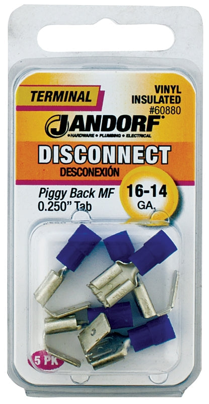 Disconnect Terminal, 16 to 14 AWG Wire, Vinyl Insulation, Copper Contact, Blue, 5/PK #60880 Jandorf