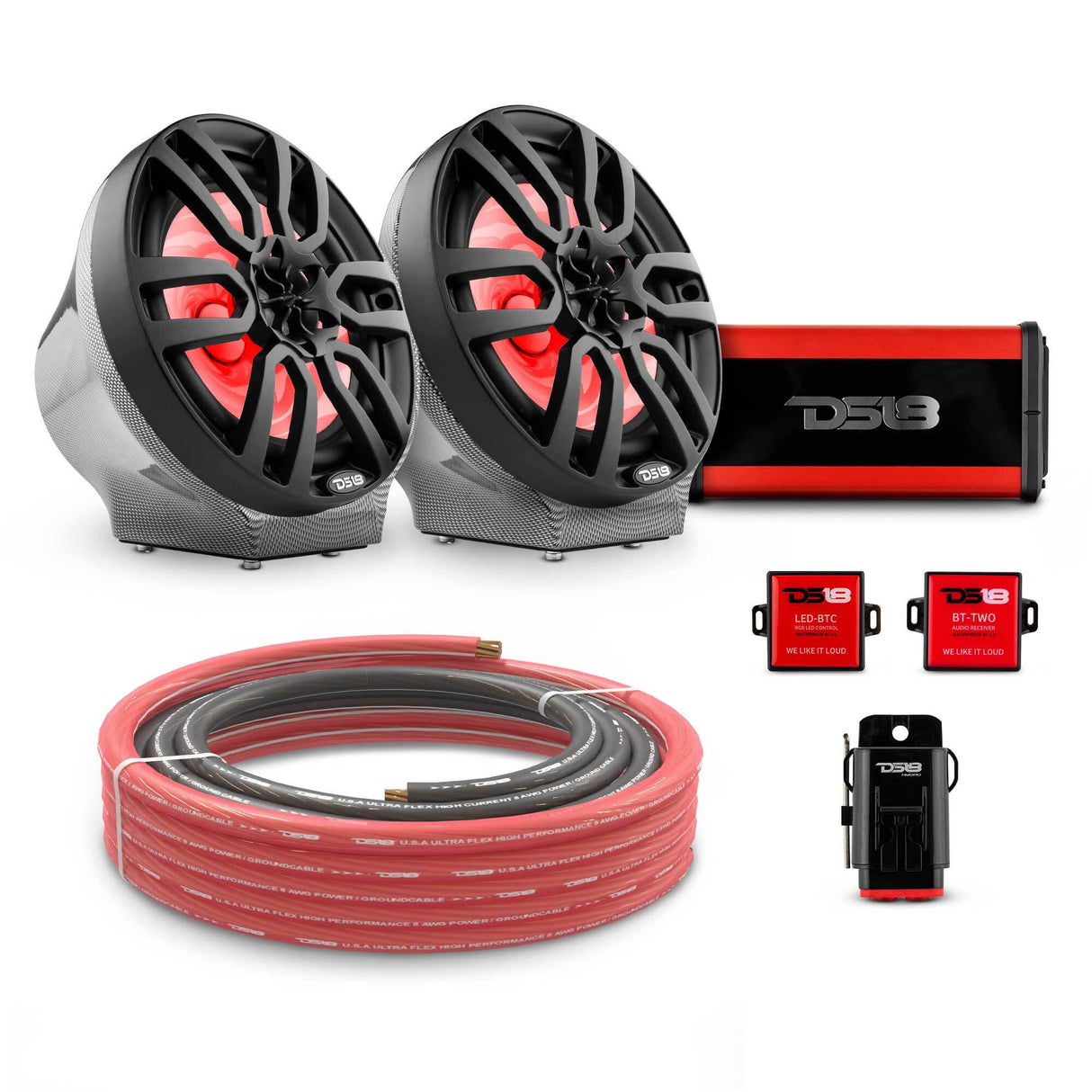 8" Loaded Flat Mount Speaker Pods with Amplifier, Installation Kit and RGB LED Lights, Package for Can-Am Spyder & Ryker DS18