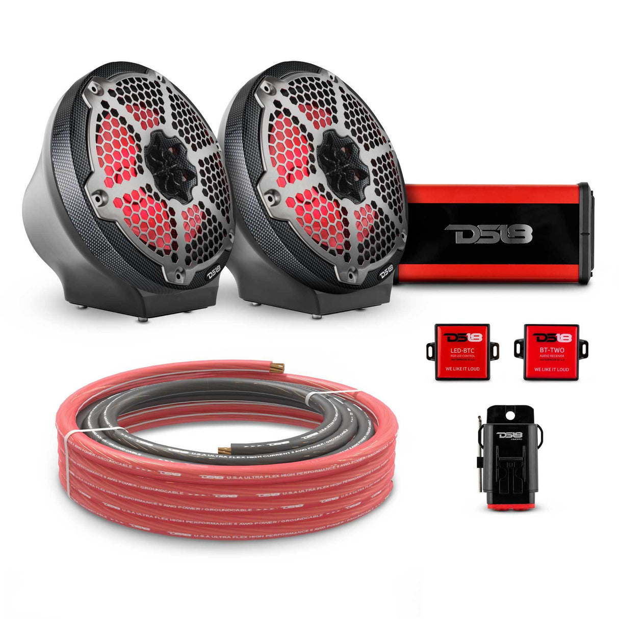 8" Loaded Flat Mount Speaker Pods with Amplifier, Installation Kit and RGB LED Lights, Package for Can-Am Spyder & Ryker DS18