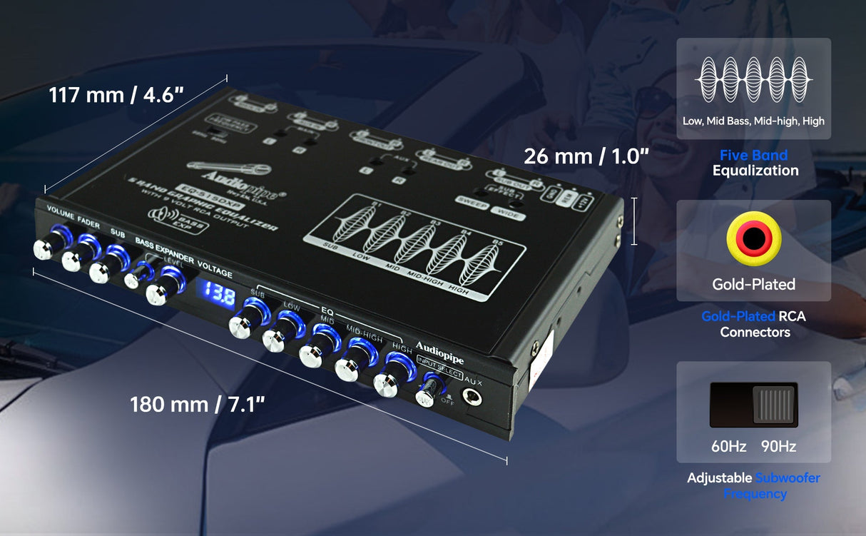 Audiopipe 5 Band Graphic Equalizer with 9 Volt RCA Output (EQ-515DXP) Audiopipe