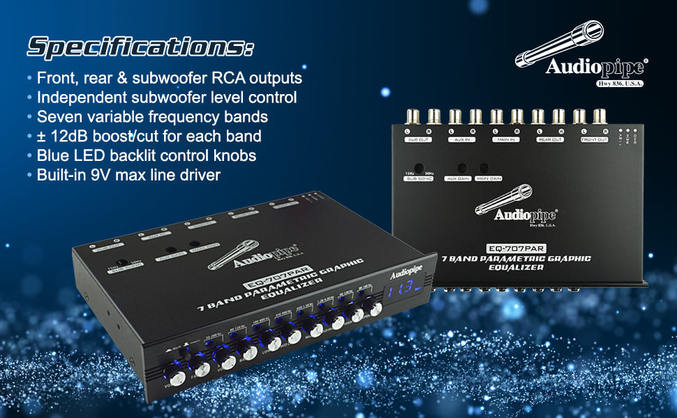 Audiopipe 7 Band Parametric Graphic Equalizer with 9V Line Driver (EQ-707PAR) Audiopipe