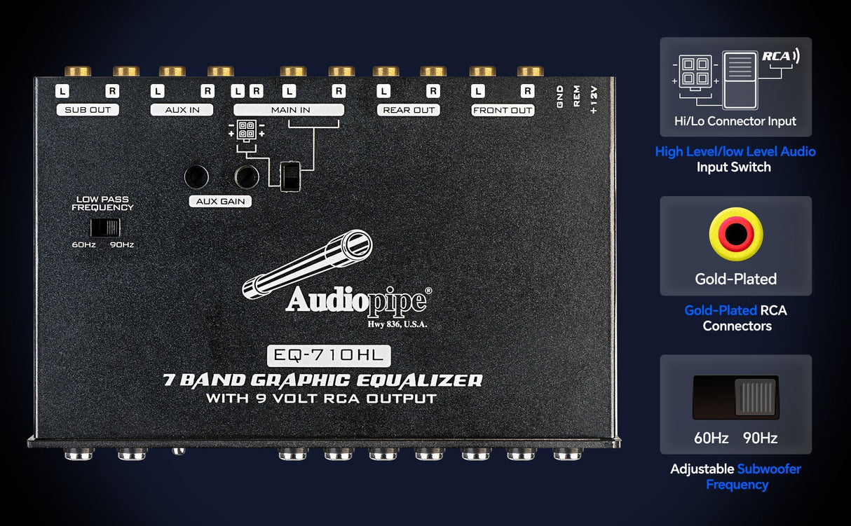 Audiopipe 7 Band Graphic Equalizer with Hi/Lo 9V Line Driver (EQ-710HL) Audiopipe