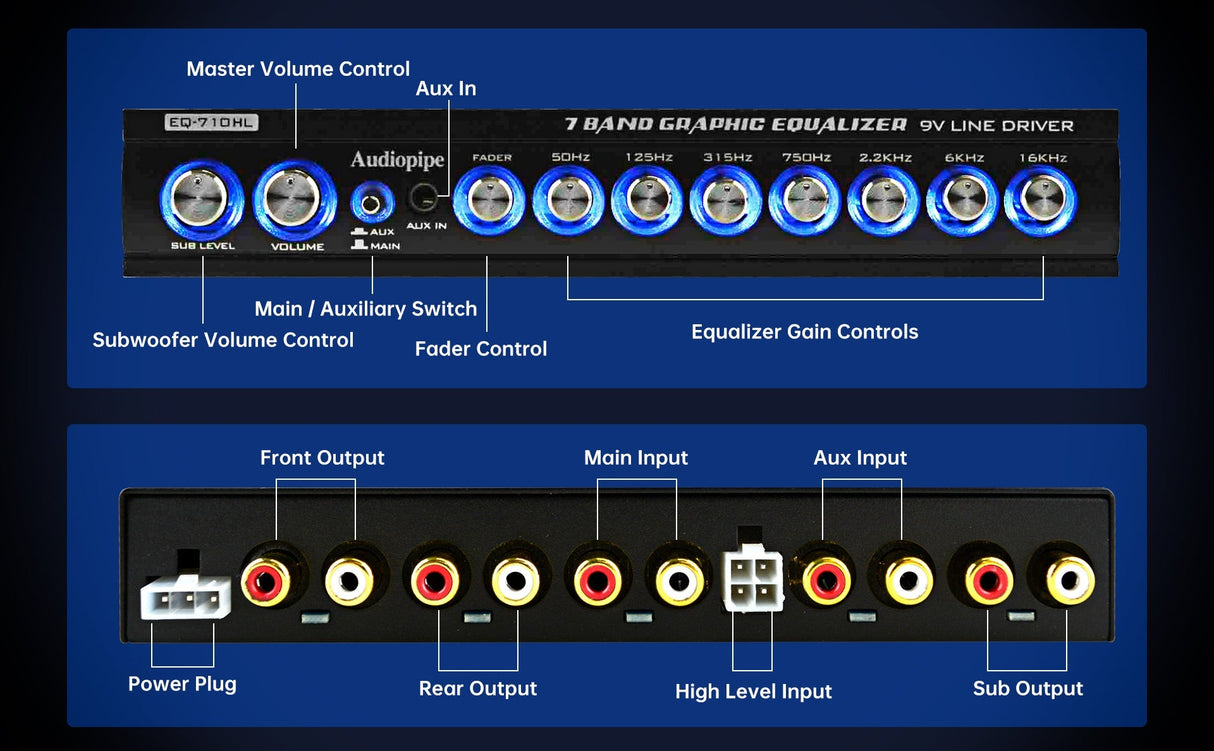 Audiopipe 7 Band Graphic Equalizer with Hi/Lo 9V Line Driver (EQ-710HL) Audiopipe