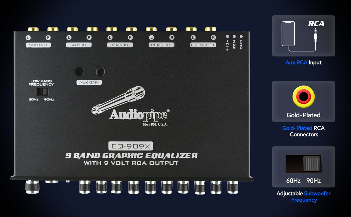Audiopipe 9 Band Graphic Equalizer with 9 V LINE DRIVER (EQ-909X) Audiopipe