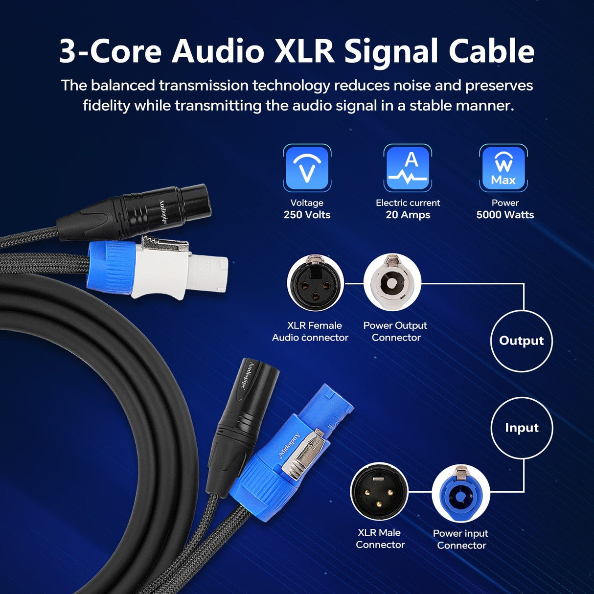 3Ft Extension Power Cable with Audio XLR Connectors (EX-PWC-AUD-3) Audiopipe