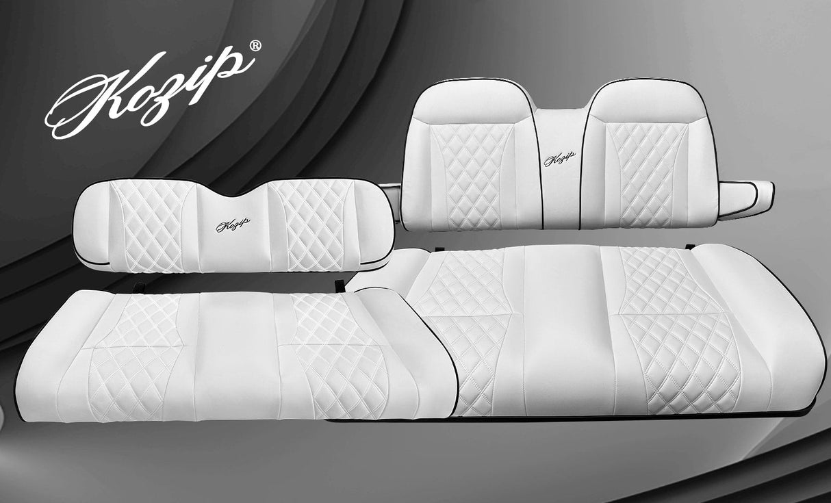 Kozip Rear Seat Cushion Set – White Base with Black Piping – White Cross Stitch – Universal (NOMAD Seat Kit) Kozip