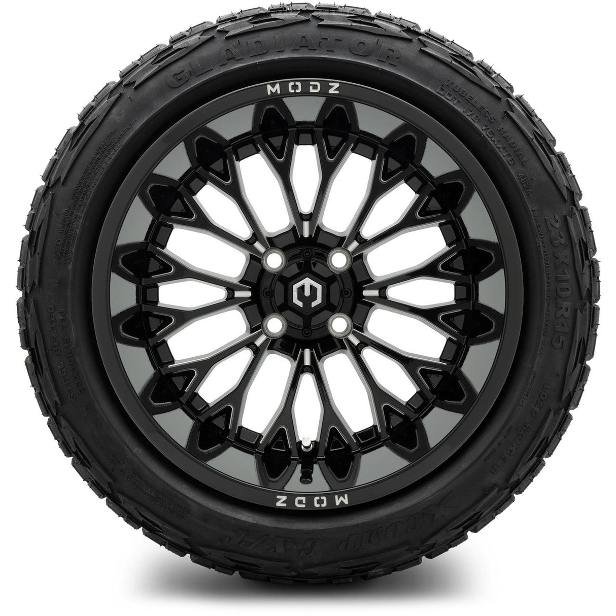 Modz Convict 15X10 Glossy Black with X Comp X/T 23X10R15 Steel Belted Radial