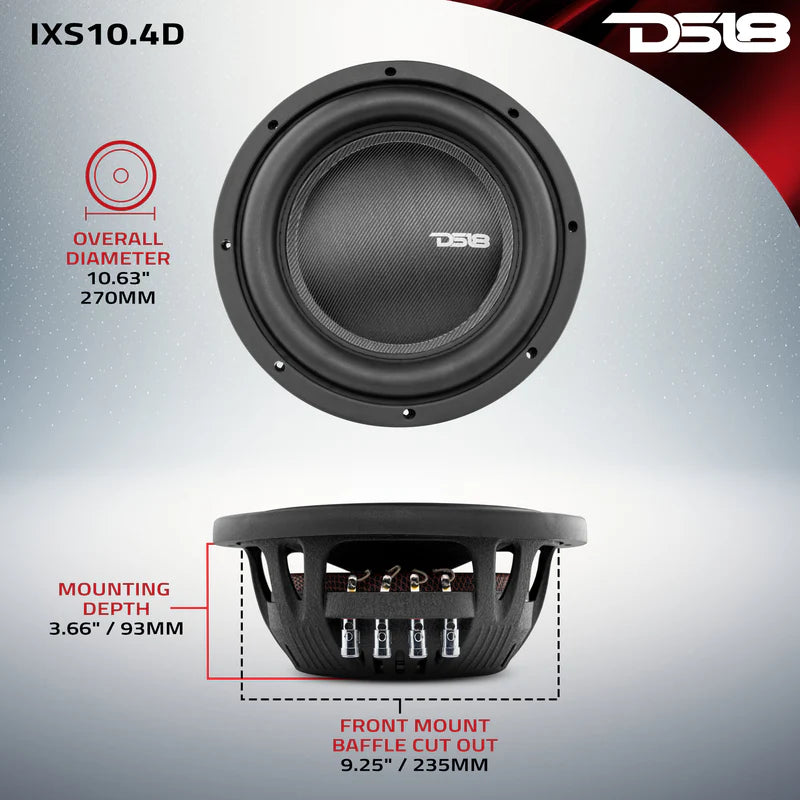 DS18 IXS Shallow-Mount 10" Fiber Glass Subwoofer 600 Watts Rms DVC 4-Ohm