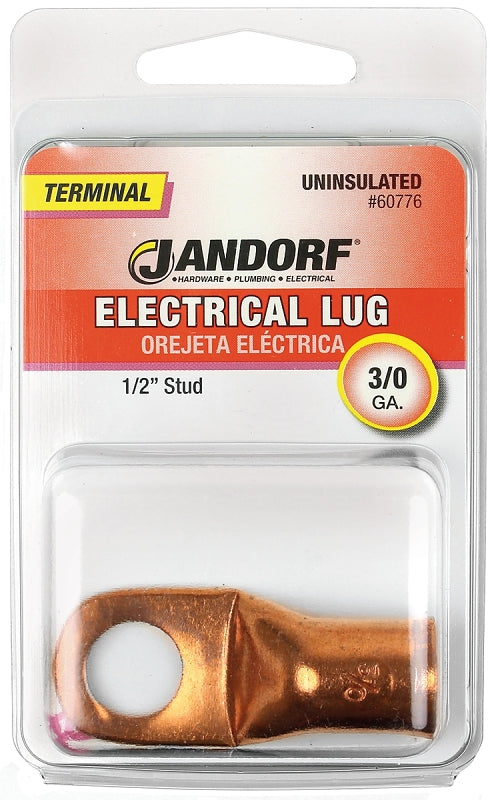 Jandorf Electrical Lug, 3/0 AWG Wire, 1/2 in Stud, Copper Contact, Brown #60776 Jandorf