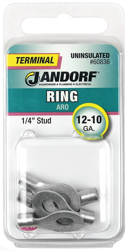 Jandorf Ring Terminal, 12 to 10 AWG Wire, Copper Contact, Tin Contact Coating, 1/4 in Stud #60836 Jandorf
