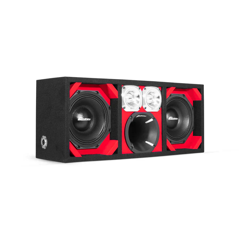 KTPON-208RED / DUAL 8'' RED/BLACK ENCLOSED LOADED PORTED BOX (Tweeters + Driver) COMANDO