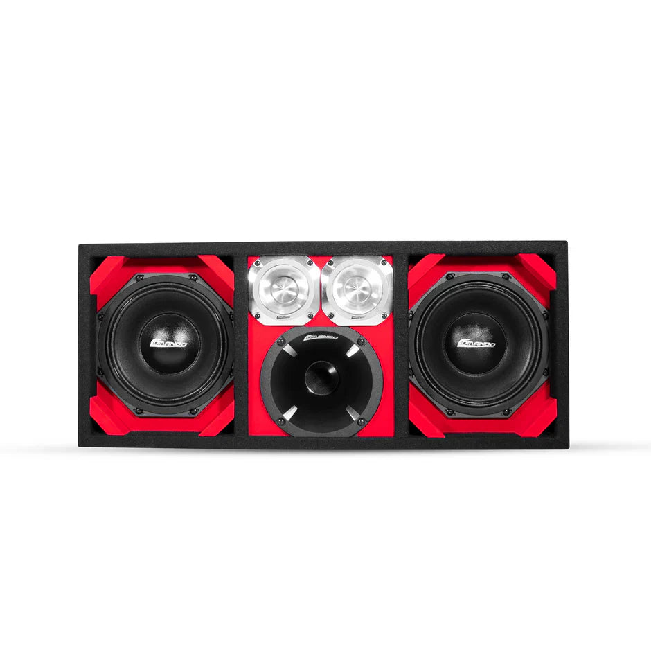 KTPON-208RED / DUAL 8'' RED/BLACK ENCLOSED LOADED PORTED BOX (Tweeters + Driver) COMANDO