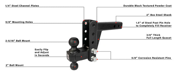 Bulletproof Medium Duty 4” Drop/Rise Hitch 2" Box Steel Shank