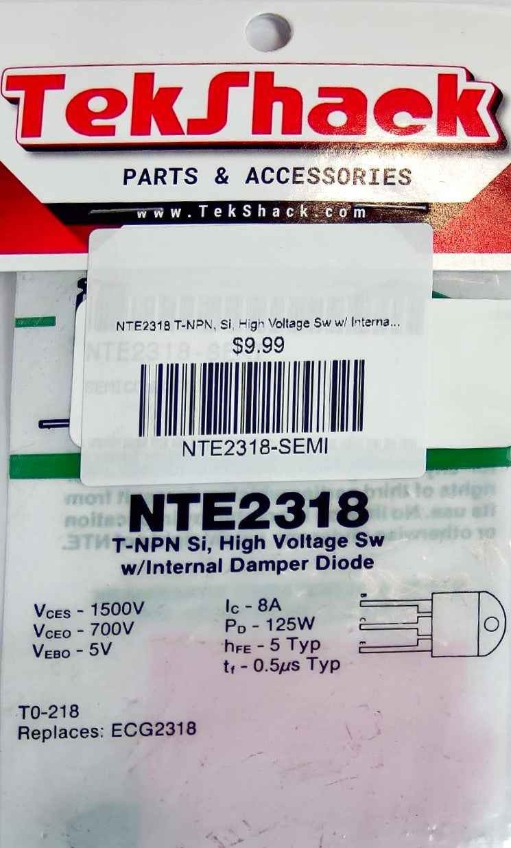 NTE2318 T-NPN, Si, High Voltage Sw w/ Internal Damper Diode NTE