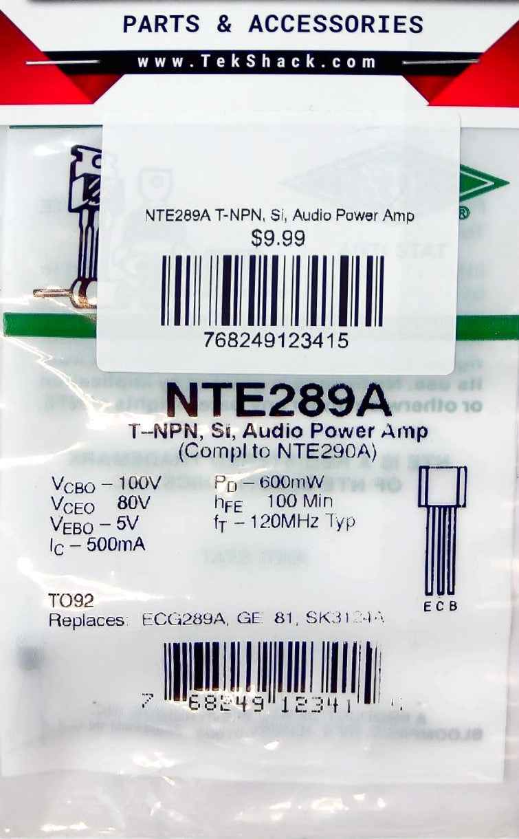 NTE289A T-NPN, Si, Audio Power Amp NTE