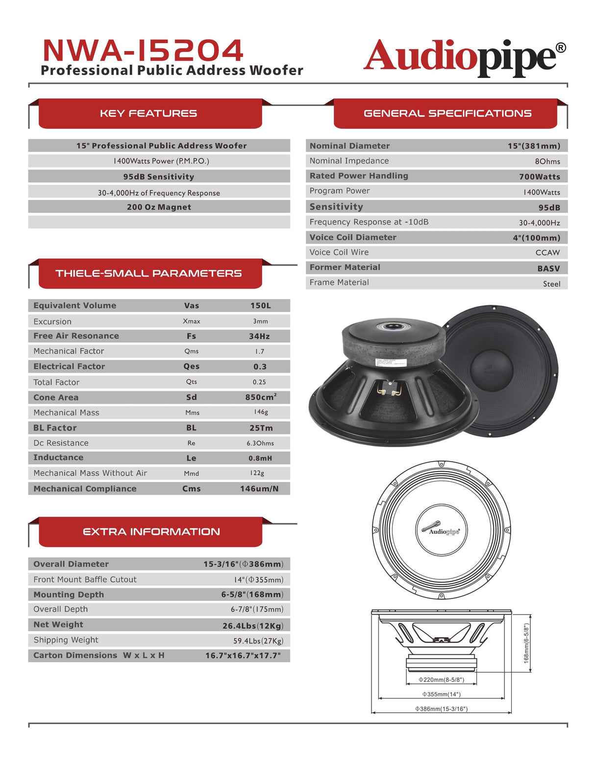 15“ Pro Audio Woofer (NWA-15204) Audiopipe