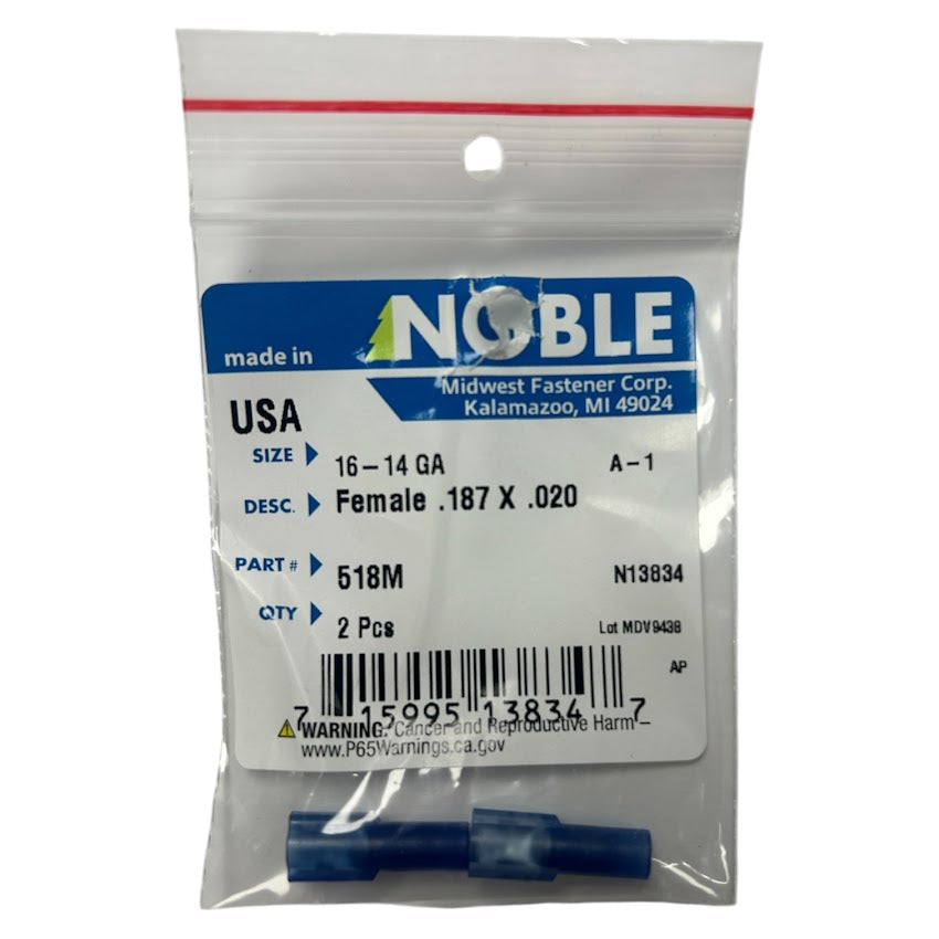 Noble Female Fully Insulated Nylon Disconnect Terminal – .187 Tab, 16-14 GA, 2 pack #518M Noble