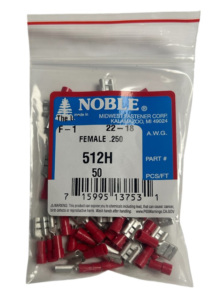 Noble Female Vinyl Disconnect Terminal – .250 Tab, 22-18 GA, 50-Pack #512H Noble
