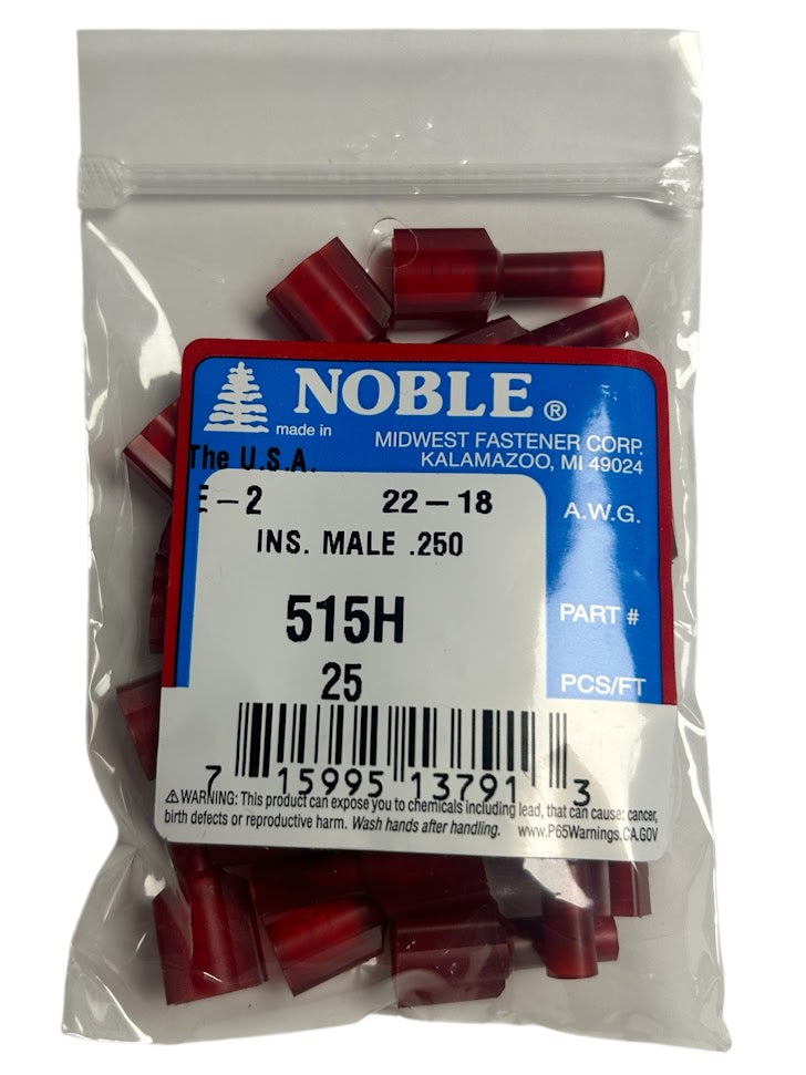 Noble Male Fully Insulated Nylon Disconnect Terminal – .250 Tab, 22-18 GA, 25-Pack #515H Noble