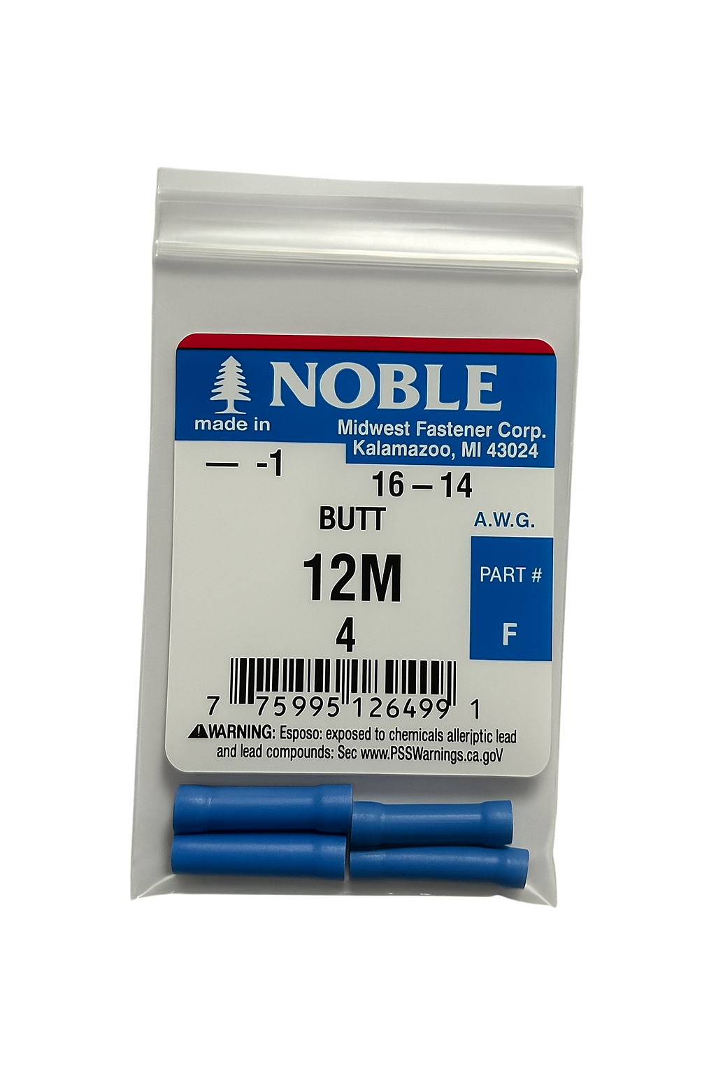 Noble Terminal Butt Splice – Vinyl 16–14 GA (4-Pack) #12M Noble