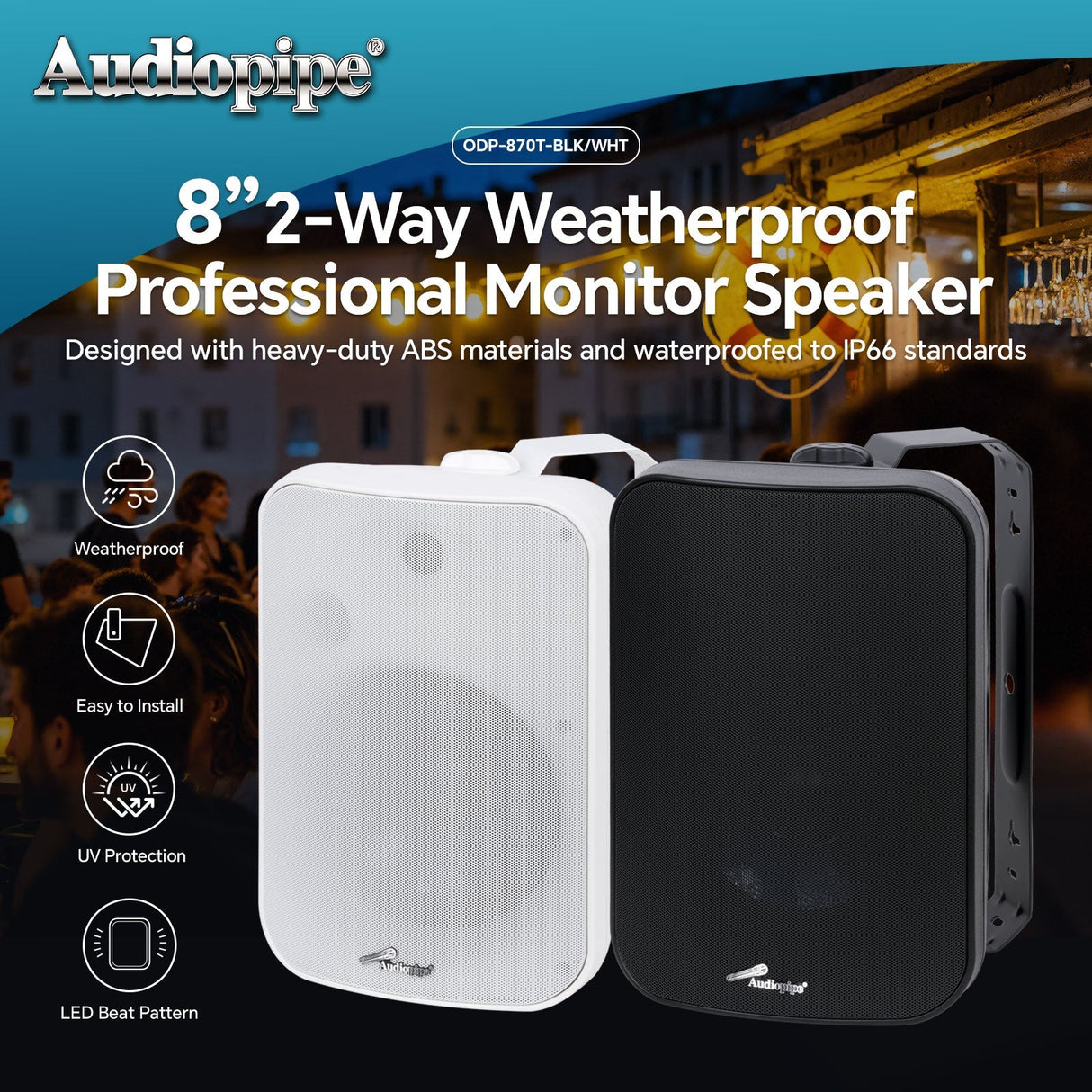 8” 2-Way Weatherproof Professional Monitor Speaker (ODP-870T-WHT), Sold individually Audiopipe