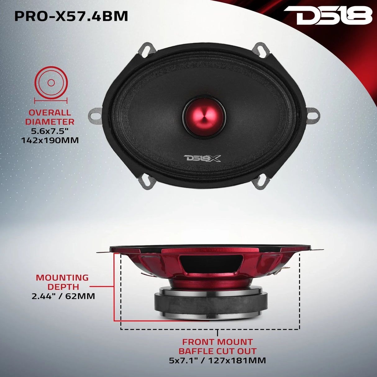 DS18 PRO-X57.4BM 5"x7" 175W RMS Midrange Speaker w/ Bullet (Single) DS18