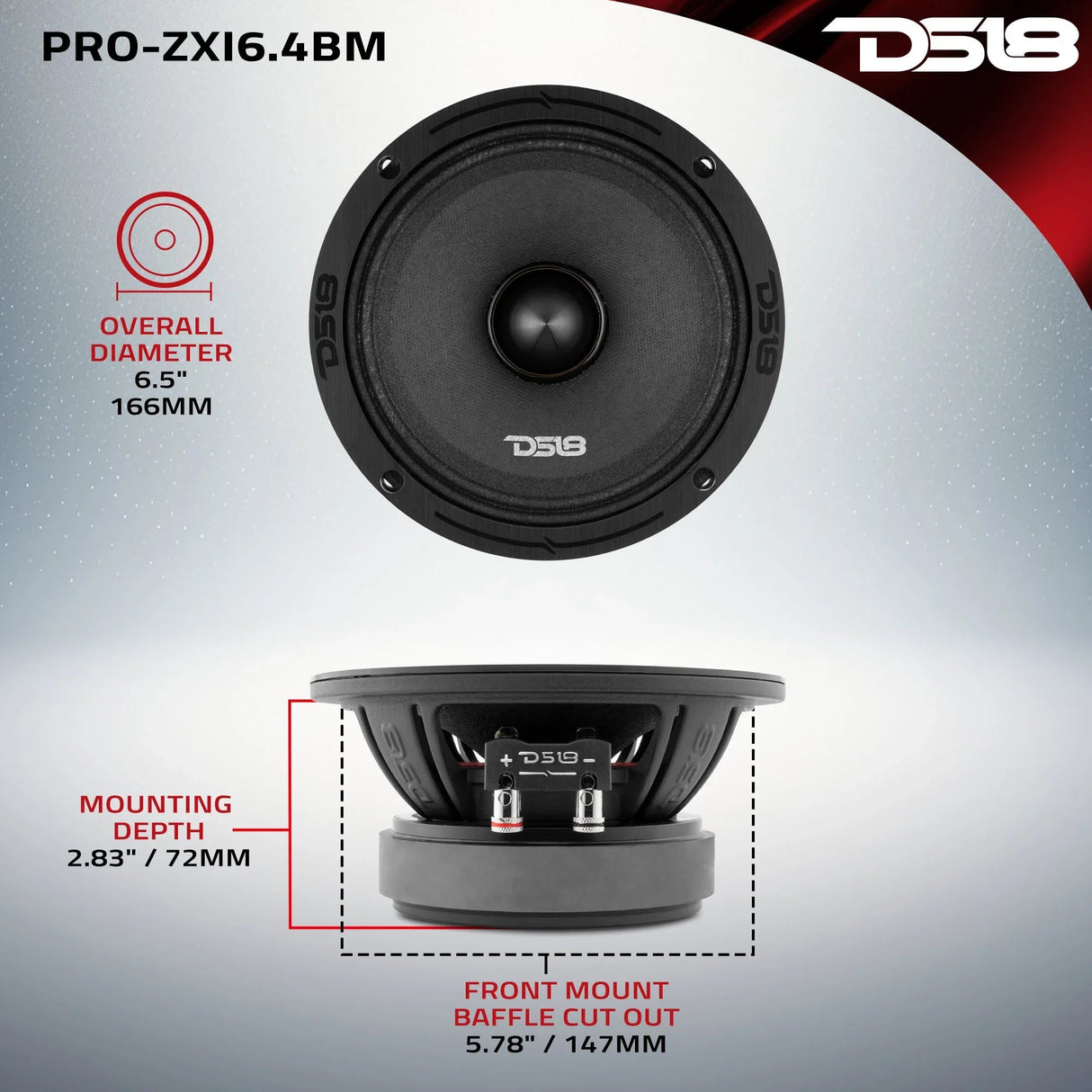 DS18 PRO-ZXI6.4BM 6.5" 300W RMS Neodymium/Ferrite Midrange Bullet Speaker (Single) DS18