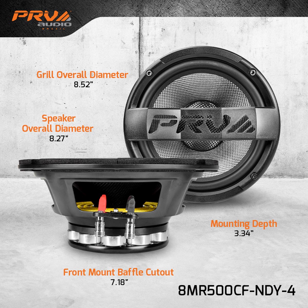 PRV AUDIO Carbon Fiber 8" Midrange Speaker 500 Watts 4 Ohm Neodymium 8MR500CF-NDY-4 Water Resistant Pro PRV