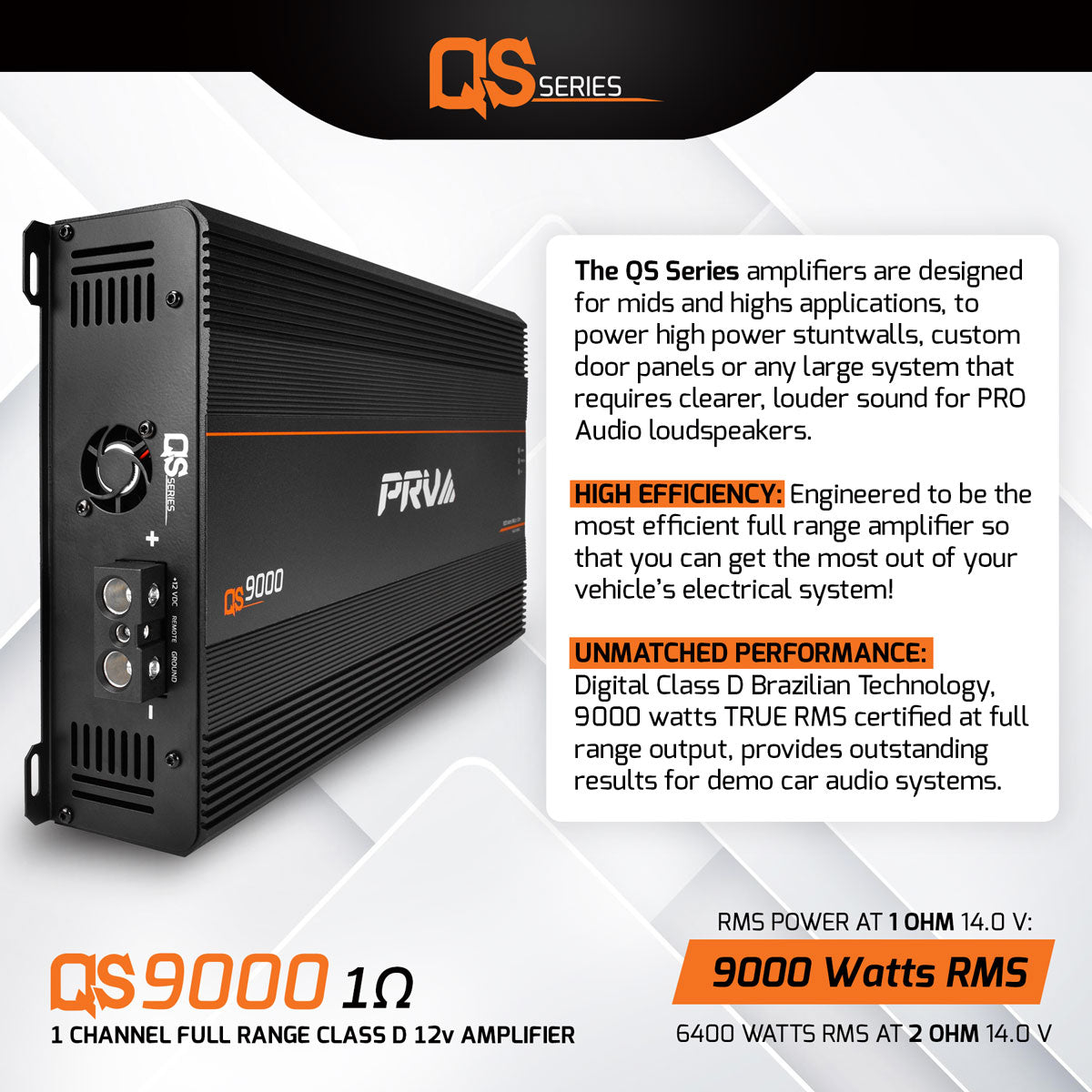 PRV Audio QS9000 1-Channel Full Range Car Amplifier 1 Ohm