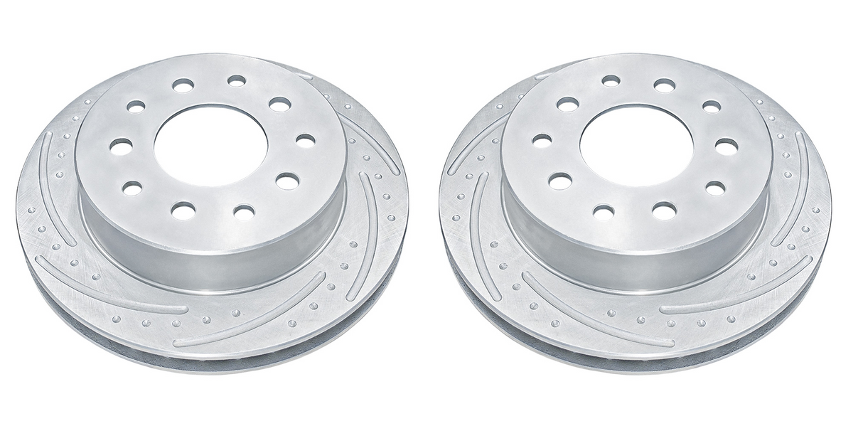 New Performance Front Rotors (Pair) Dimple Drilled, Slotted and Zinc Plated.