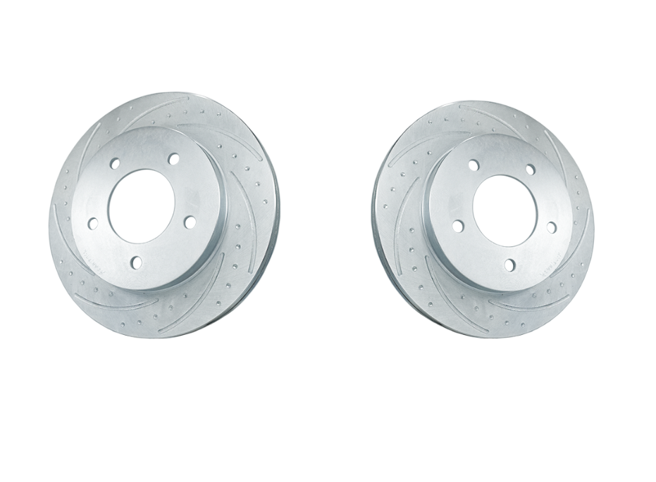 New Performance Rotors (Pair) Dimple-Drilled, Slotted, Zinc Plated.