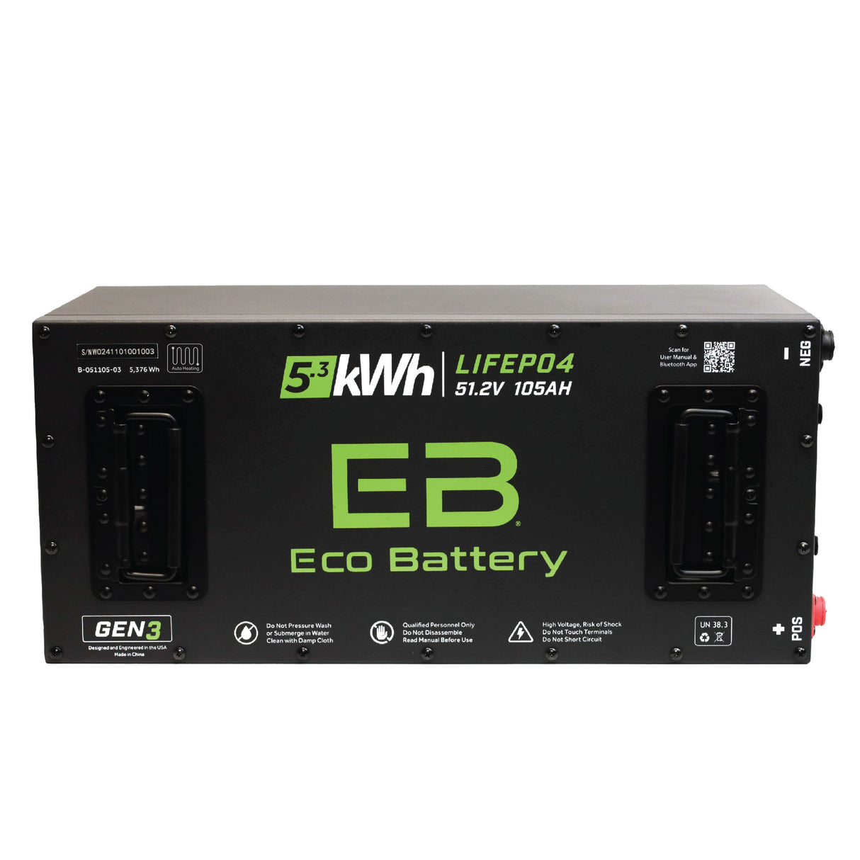 Eco Battery (48V) 51V 105AH Skinny LiFePO4 Battery / Heated