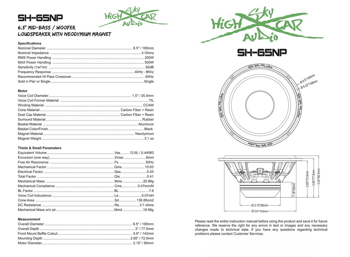 Sky High Car Audio SH-65NP 6.5" 250W RMS Neo Midbass Speaker (Pair) Sky High Car Audio