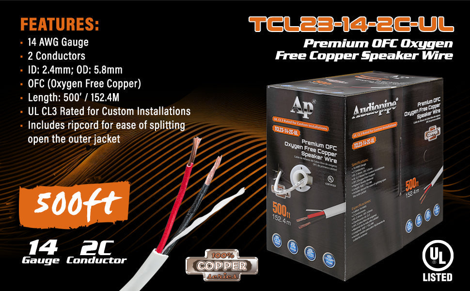 Premium 14 Gauge Oxygen Free Copper Speaker Wire (TCL23-14-2C-UL) Audiopipe