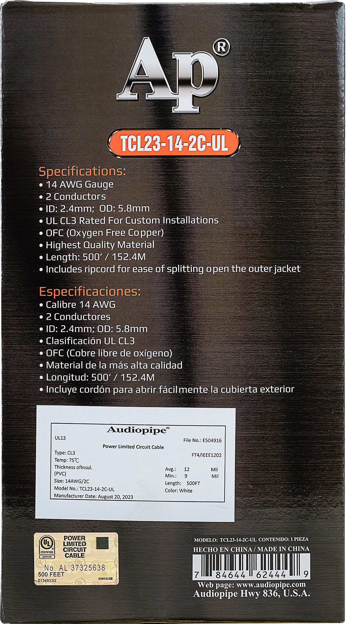 Premium 14 Gauge Oxygen Free Copper Speaker Wire (TCL23-14-2C-UL) Audiopipe