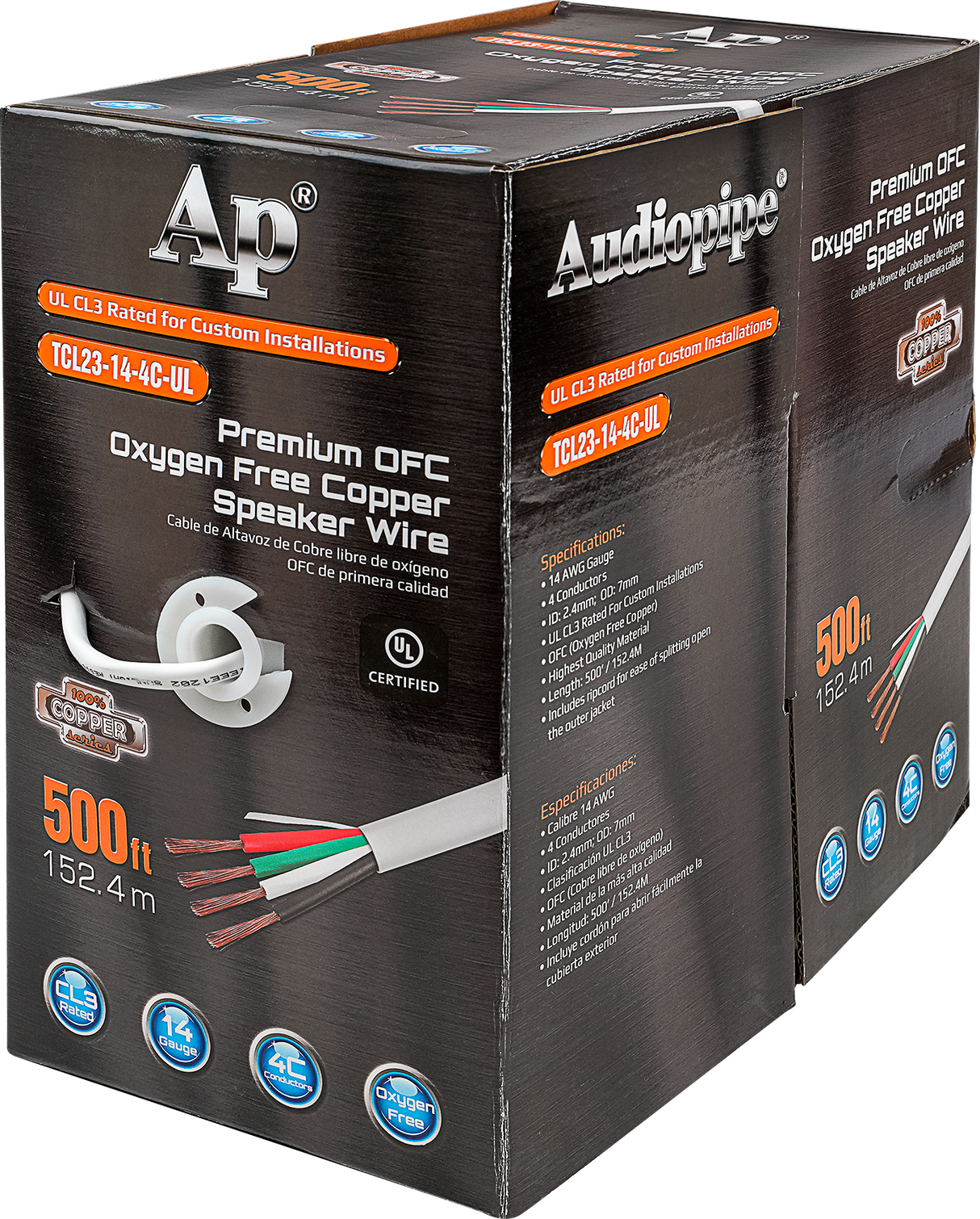 Premium 14 Gauge Oxygen Free Copper Speaker Wire (TCL23-14-4C-UL) Audiopipe