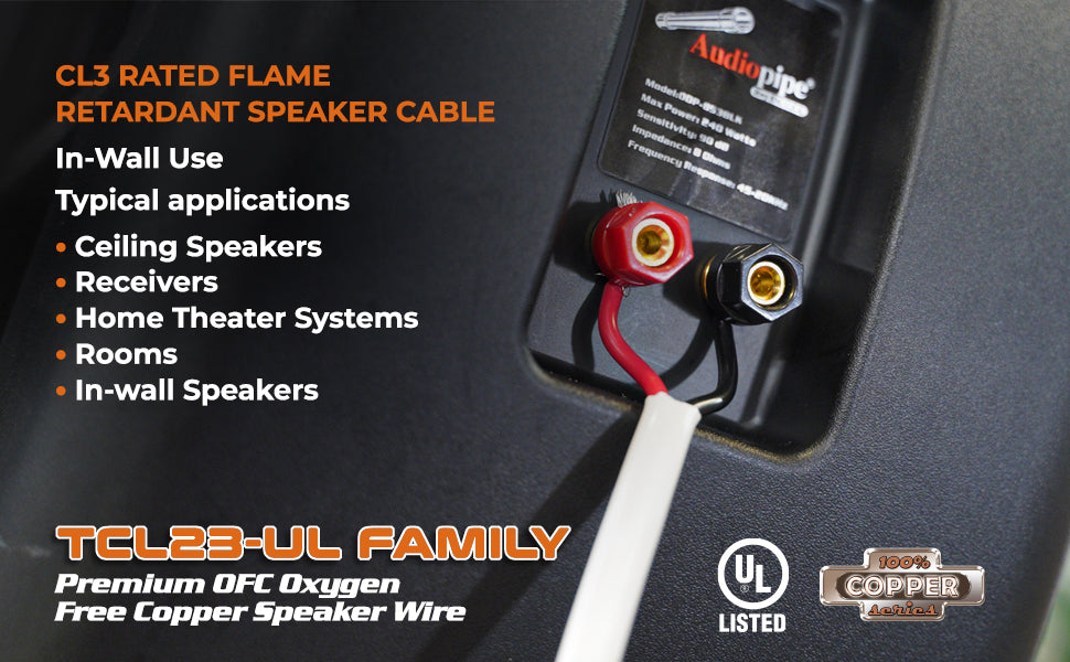 Premium 16 Gauge Oxygen Free Copper Speaker Wire (TCL23-16-2C-UL) Audiopipe