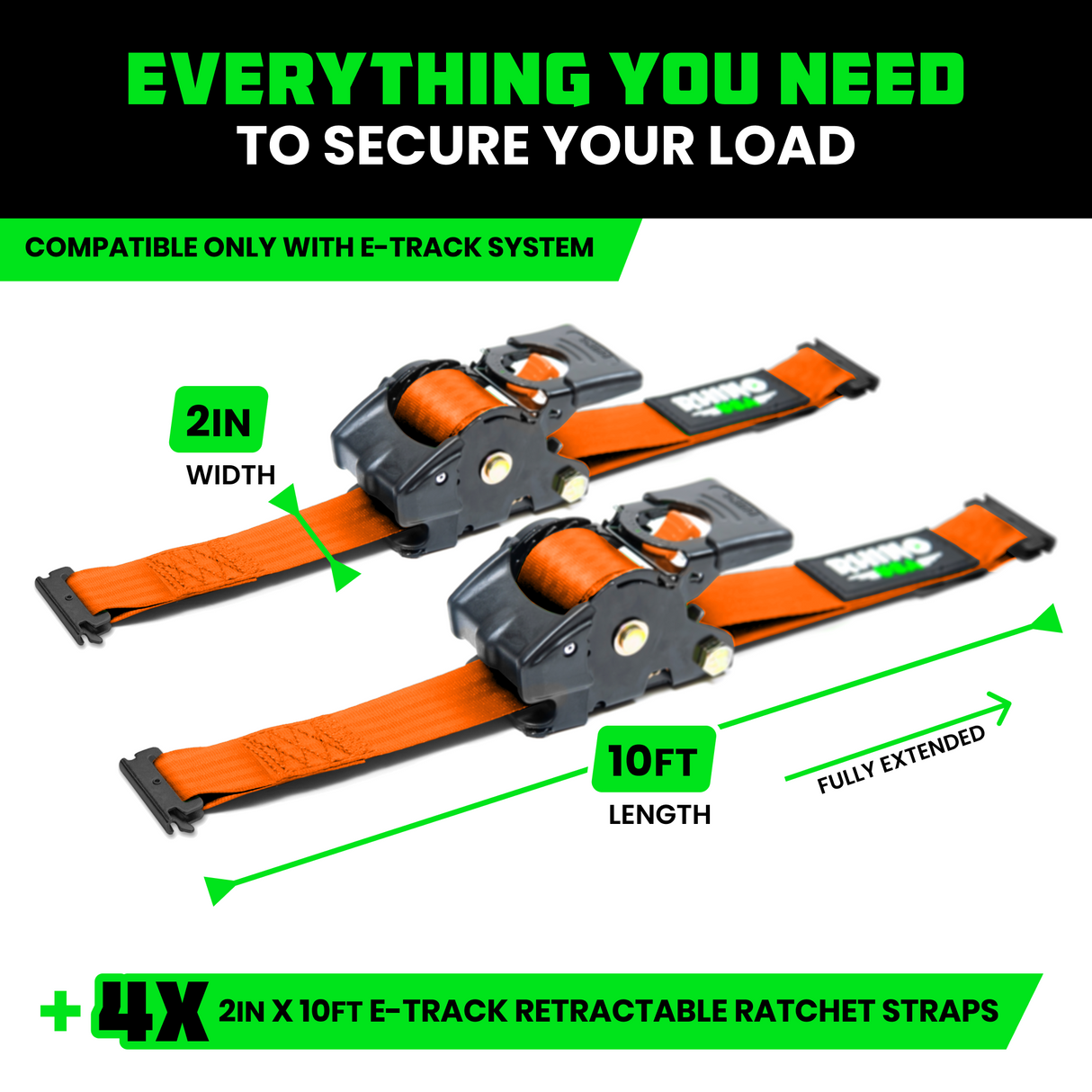 2" x 10' Retractable E-Track Ratchet Straps
