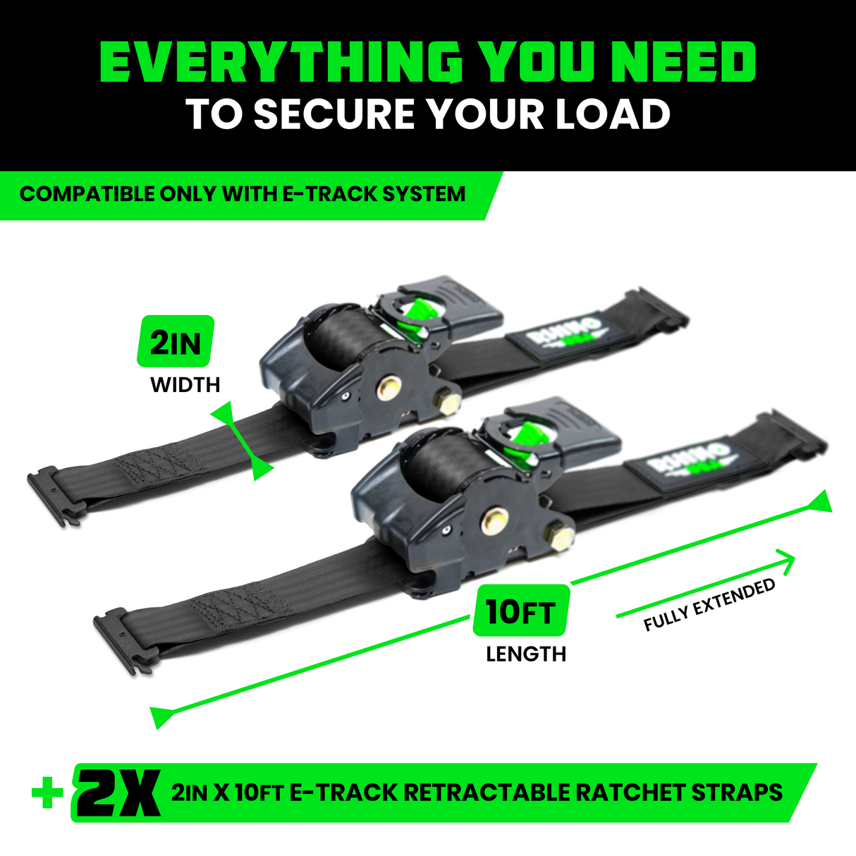 2" x 10' Retractable E-Track Ratchet Straps
