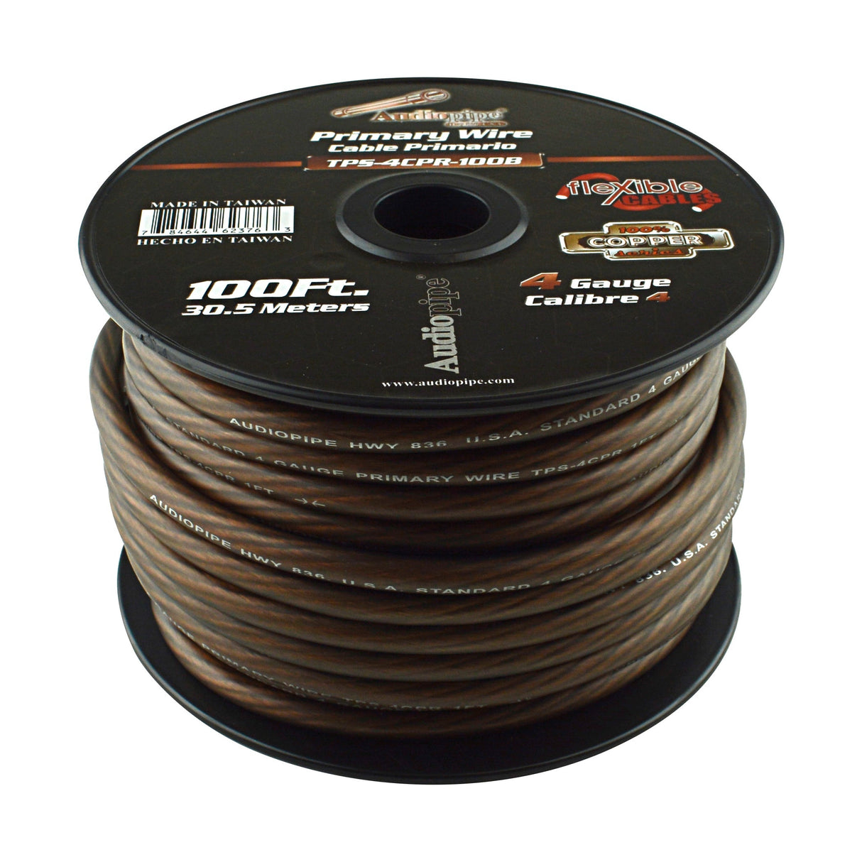 TPS-4CPR-100B - 4 Gauge 100’ 100% Copper Flexible Primary Wire - Black Audiopipe