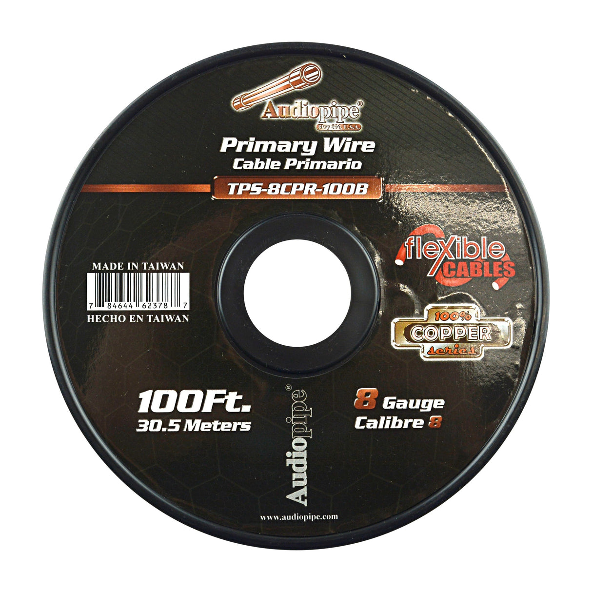 TPS-8CPR-100B - 8 Gauge 100’ 100% Copper Flexible Primary Wire - Black Audiopipe