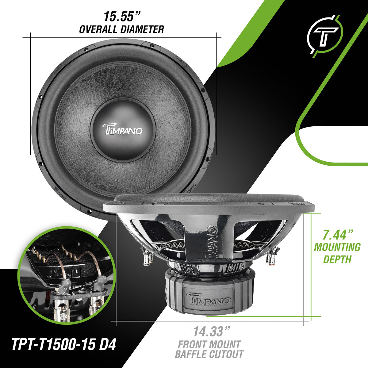 TPT-T1500-15 D4 | Timpano 15″ Car Audio Subwoofer 1600 Watts Dual 4 Ohm Timpano
