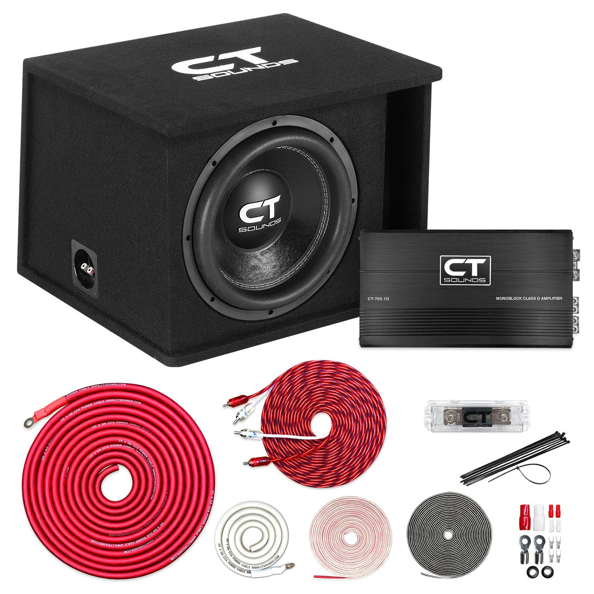 Single 12" 1300W Complete Bass Package w/ Sub Box, Amp, & Wiring Kit CT Sounds