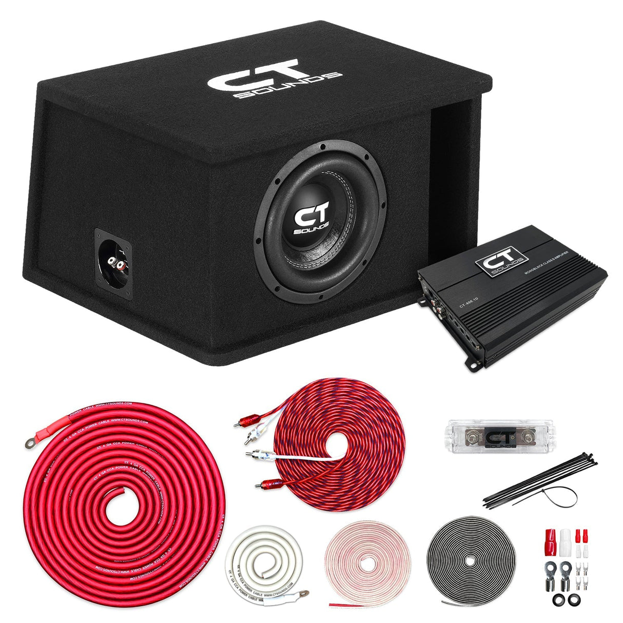 Single 8" 800W Complete Bass Package w/ Sub Box, Amp, & Wiring Kit CT Sounds