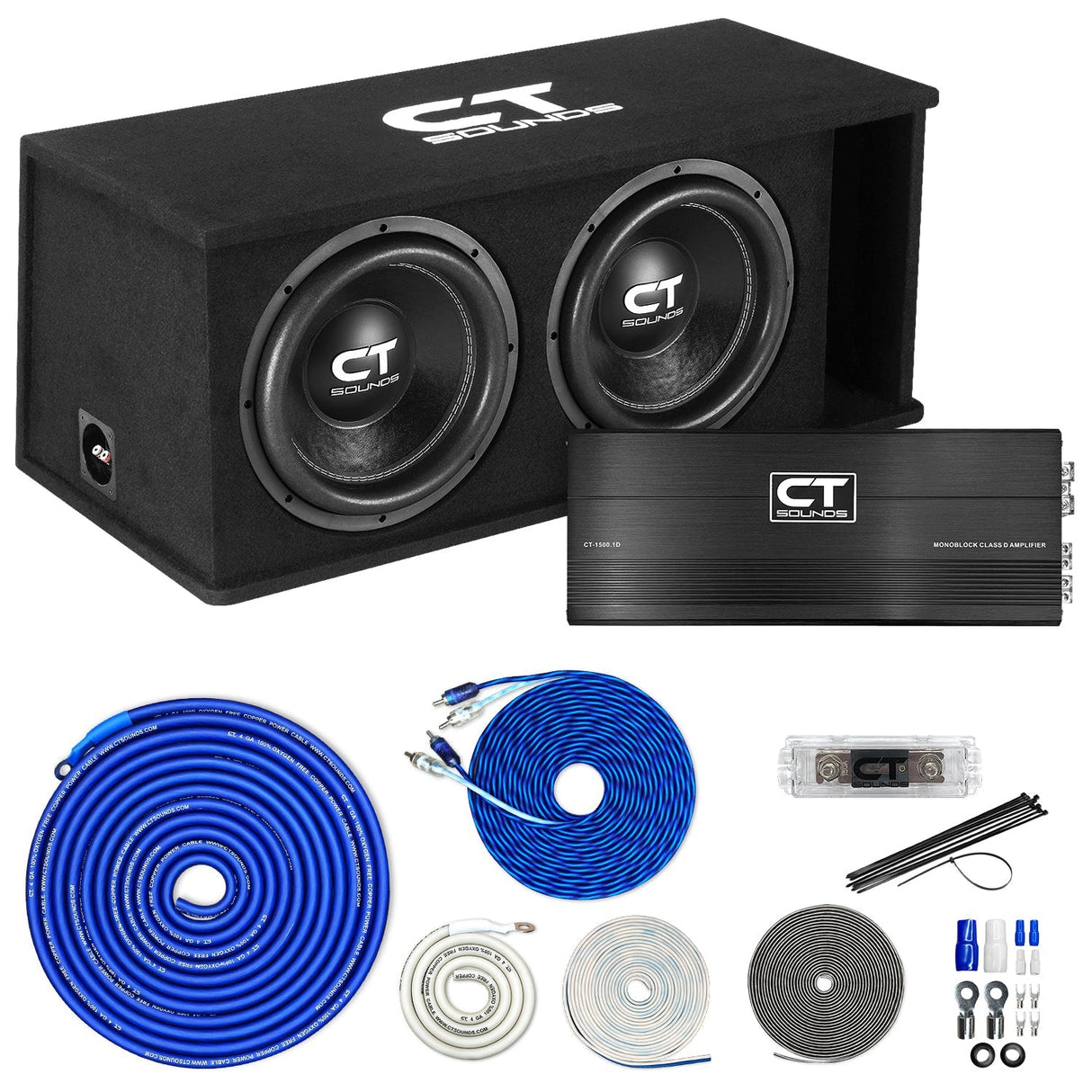 Dual 12" 2600W Complete Bass Package w/ Sub Box, Amp, & Wiring Kit CT Sounds