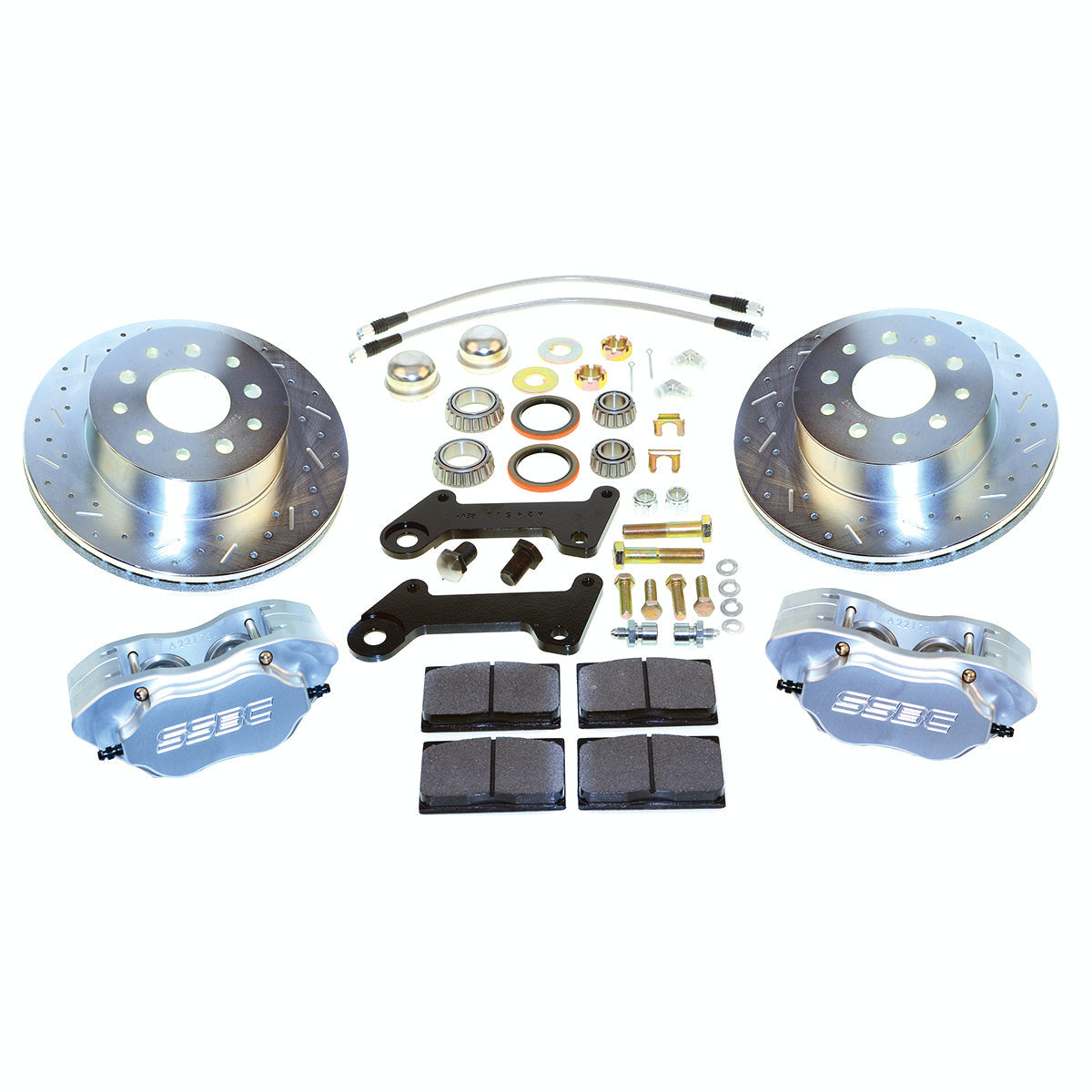 American Made Comp S 4-Piston Billet Aluminum Front Drum to Disc Brake Conversion Kit W/DS Rotors. Clear W123-25