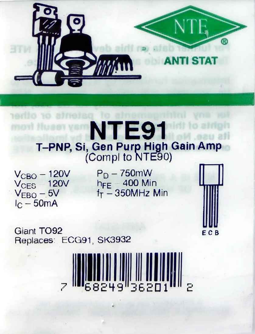 NTE91 Gen Purp High Gain Amp, Si, T-PNP NTE
