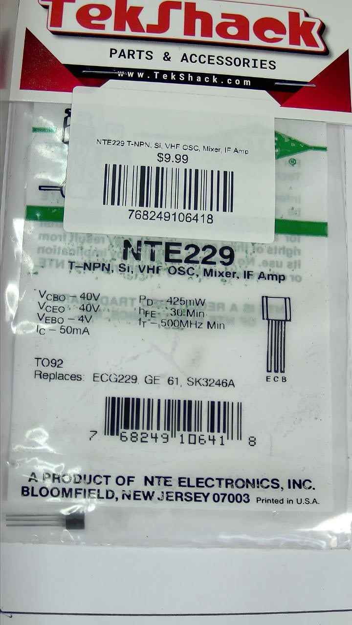 NTE229 T-NPN, Si, VHF OSC, Mixer, IF Amp NTE